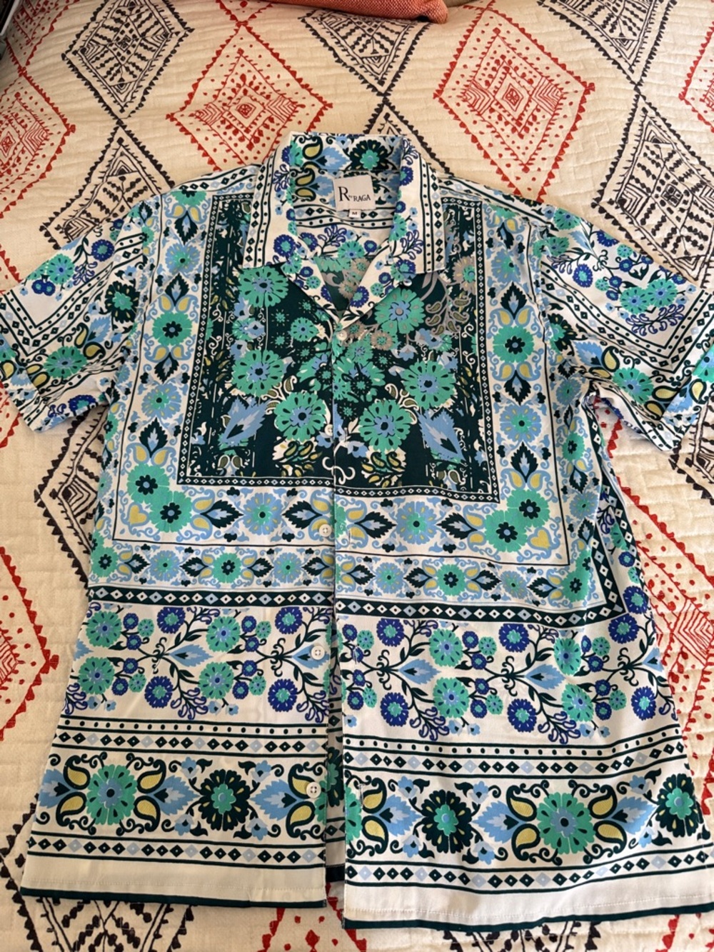 RAGA Floral Print Short-Sleeve Button-Down Shirt in Teal